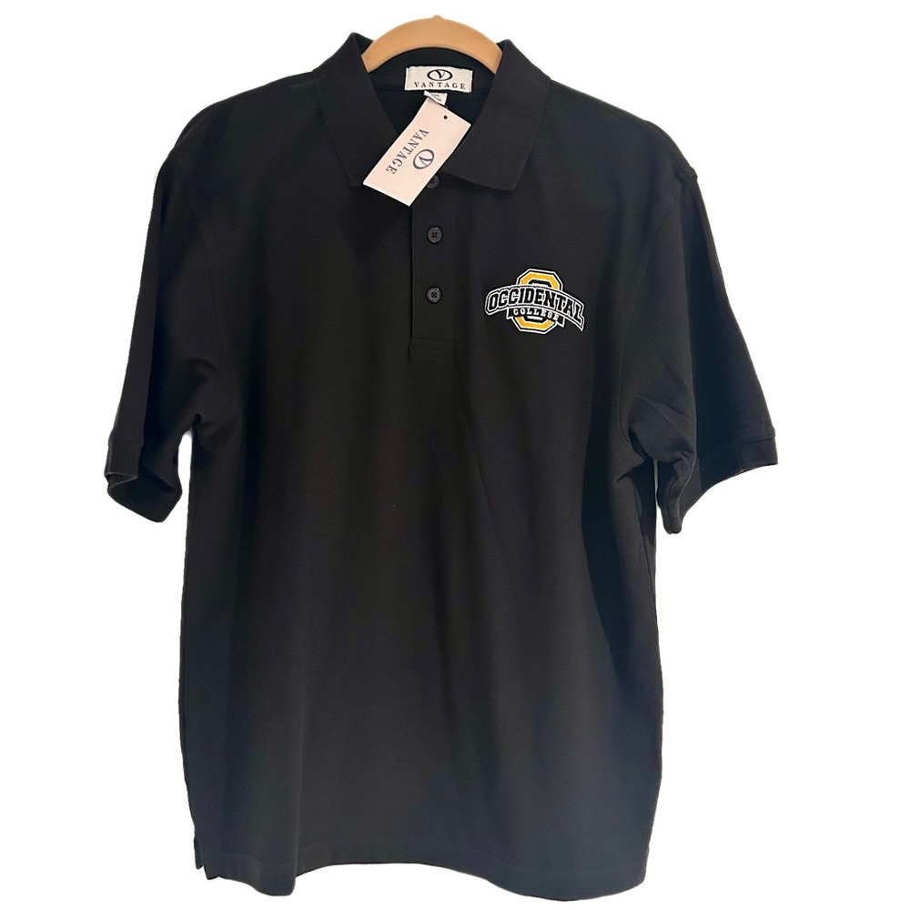 NWT Occidental College Polo Shirt Black Logo Medium NEW Vantage Short Sleeves